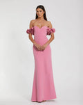 Rose Crepe Off The Shoulder Gown With 3D Flowers