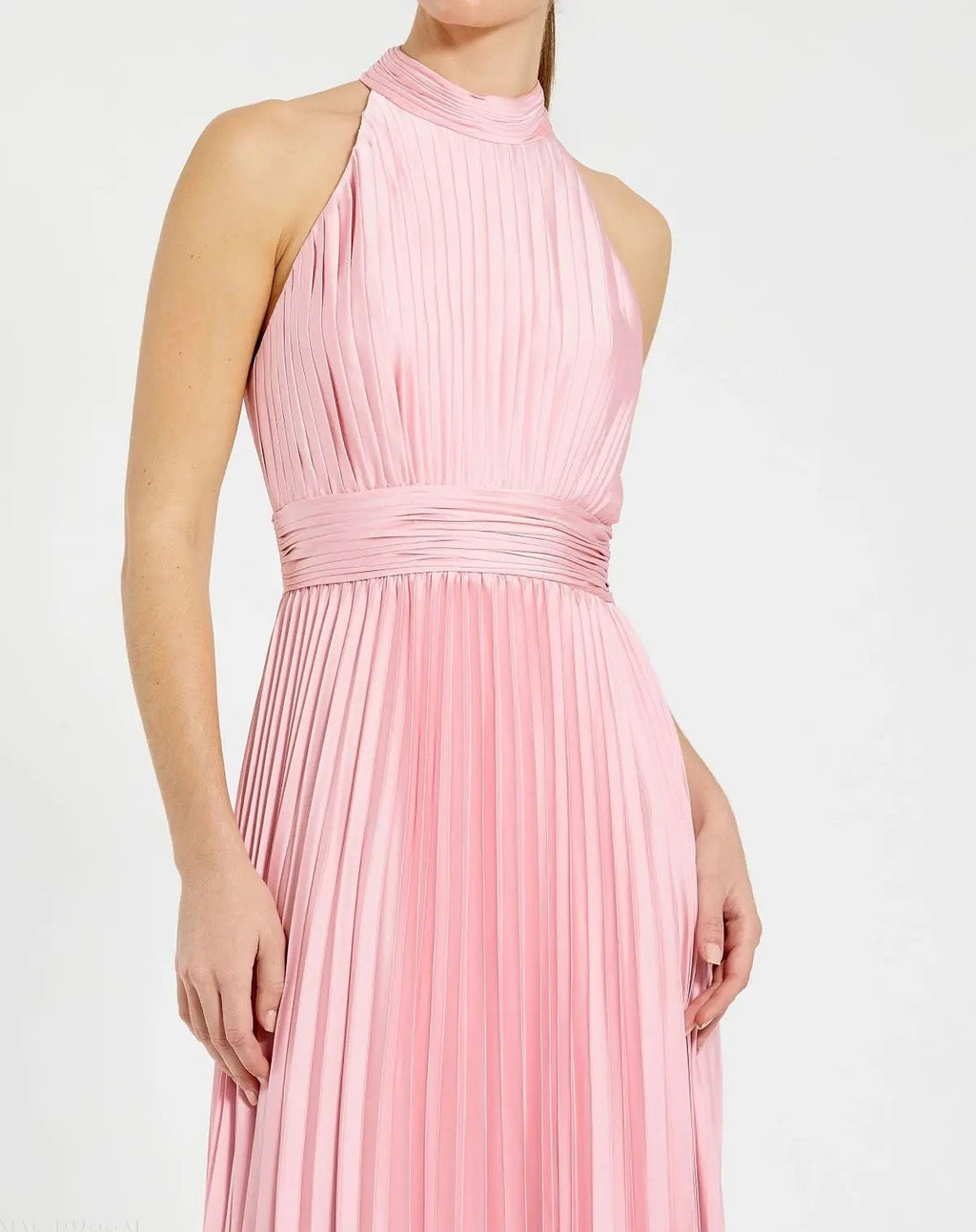 Pink Sleeveless Halter Neck Pleated Satin Gown