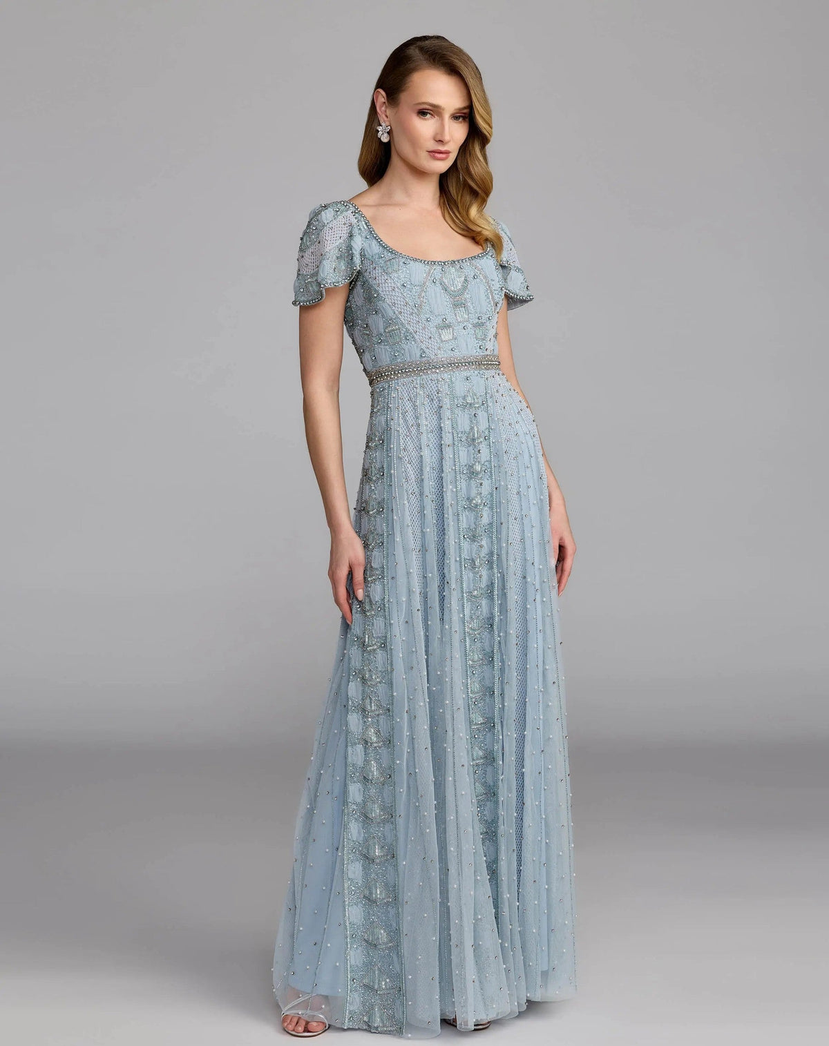 Slate Blue Short Sleeve Scoop Neck Embellished Gown