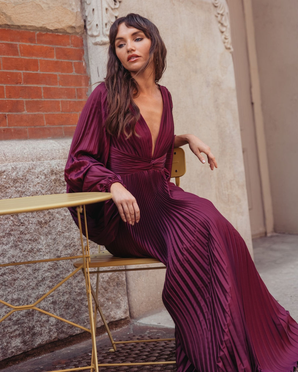 Wine Pleated Satin Long Sleeve Gown