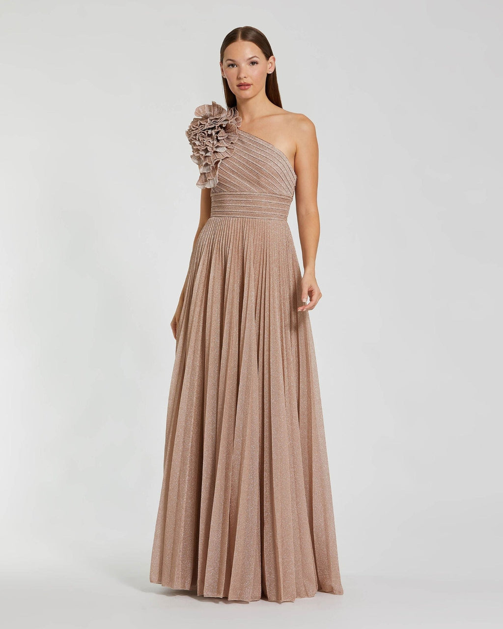Champagne Pleated One Shoulder Ruffle Gown