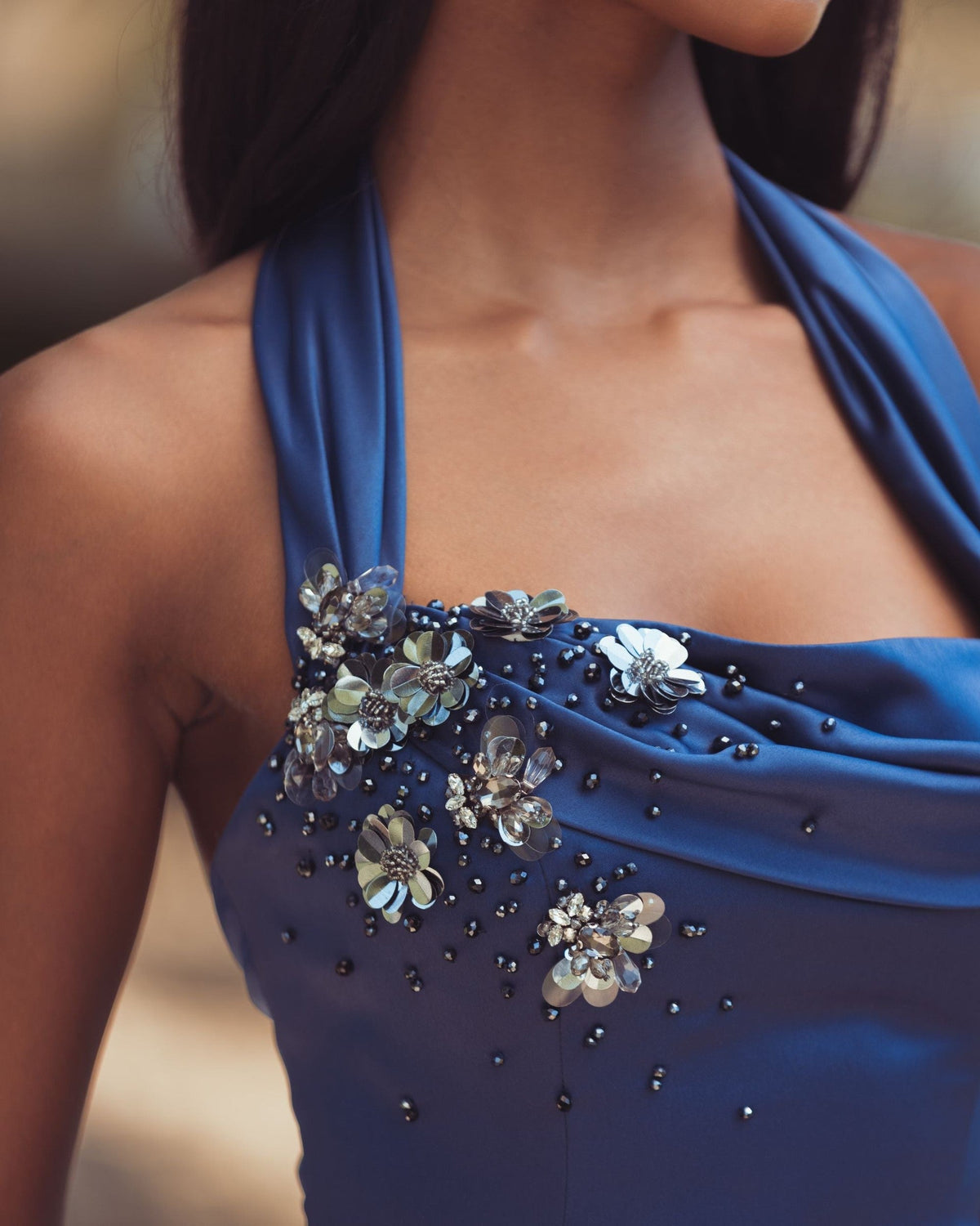 Sapphire Sleeveless Open Back Satin Ball Gown