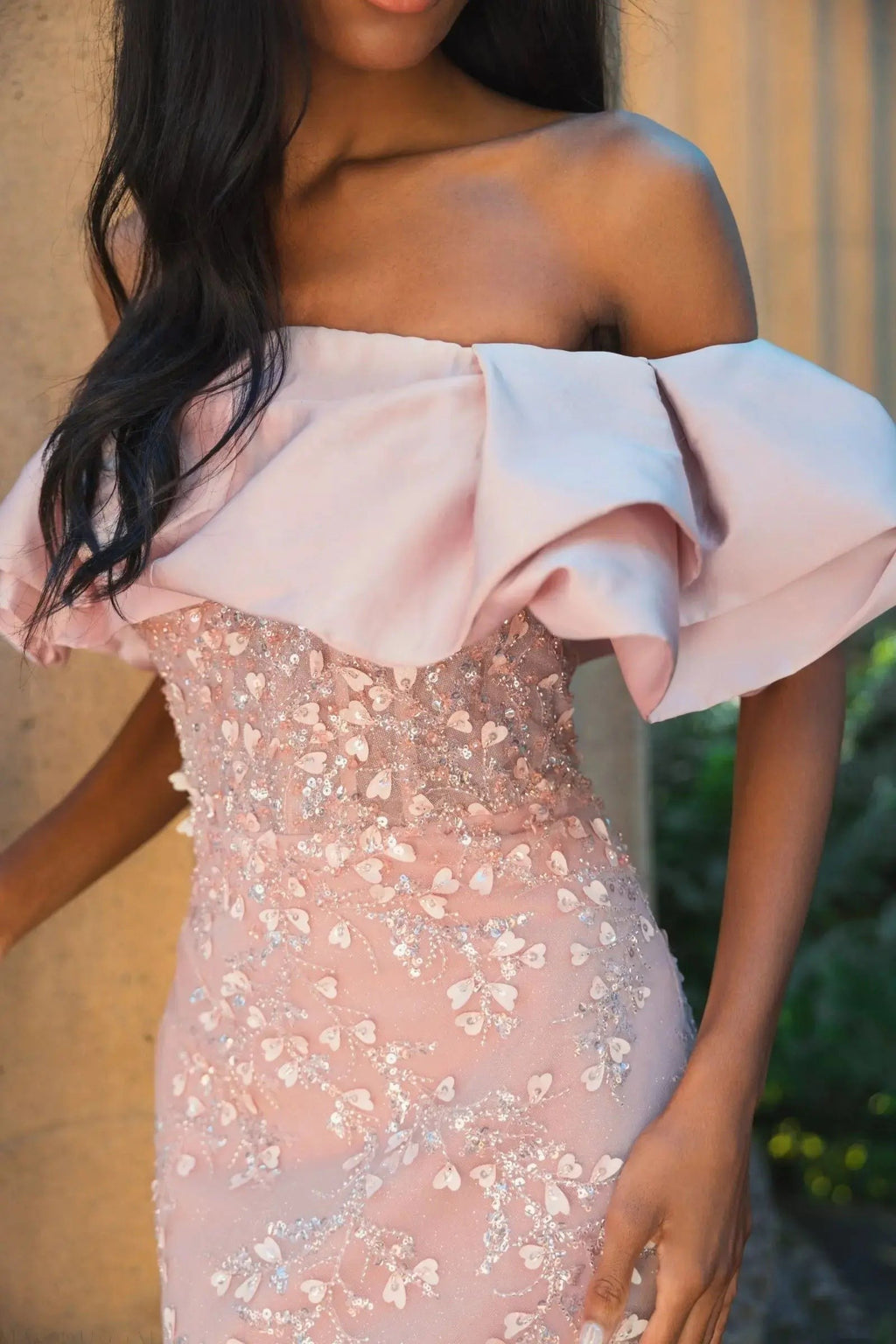 Rose Embellished Mermaid Gown With Off The Shoulder Ruffle