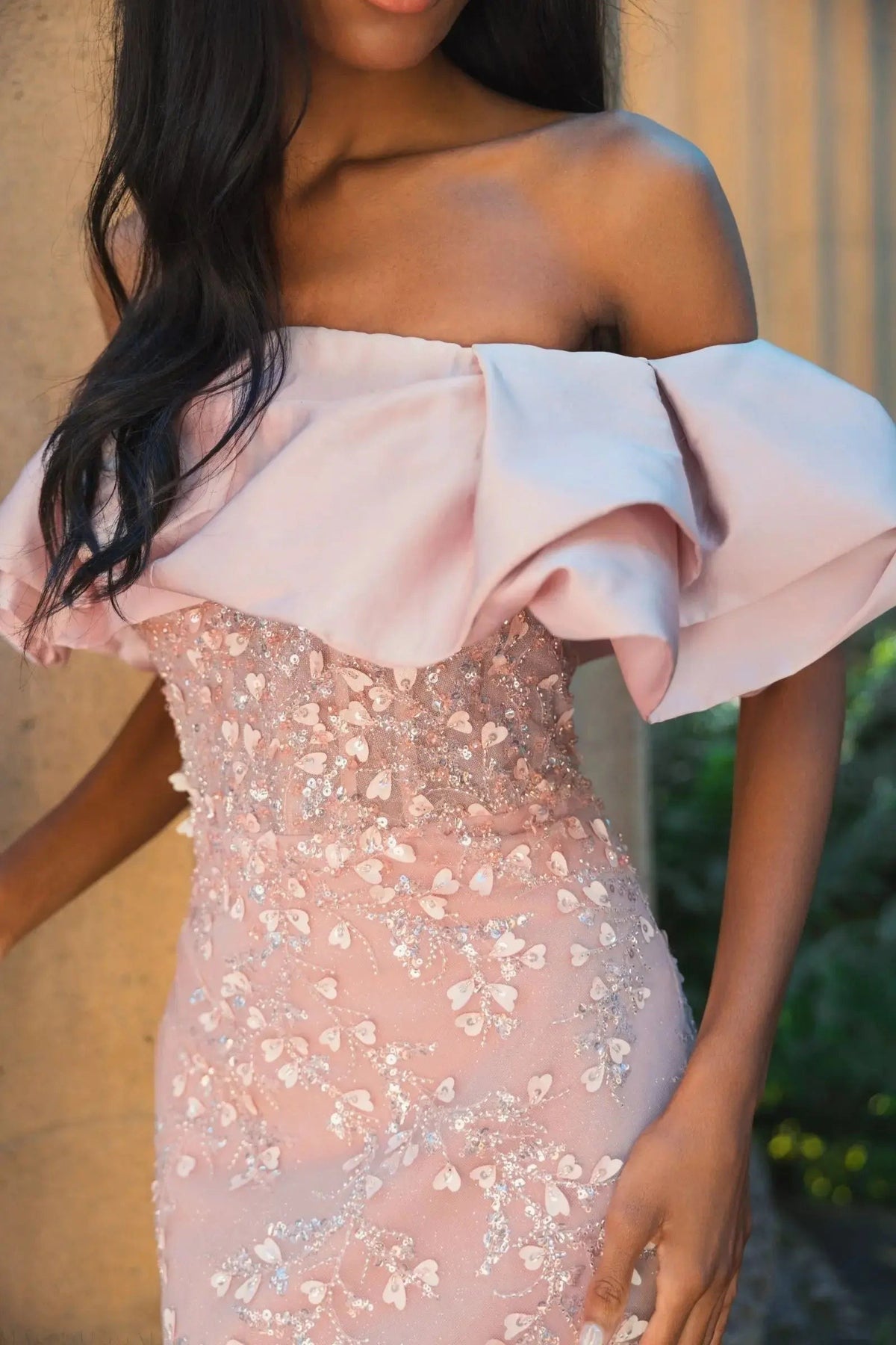 Rose Embellished Mermaid Gown With Off The Shoulder Ruffle