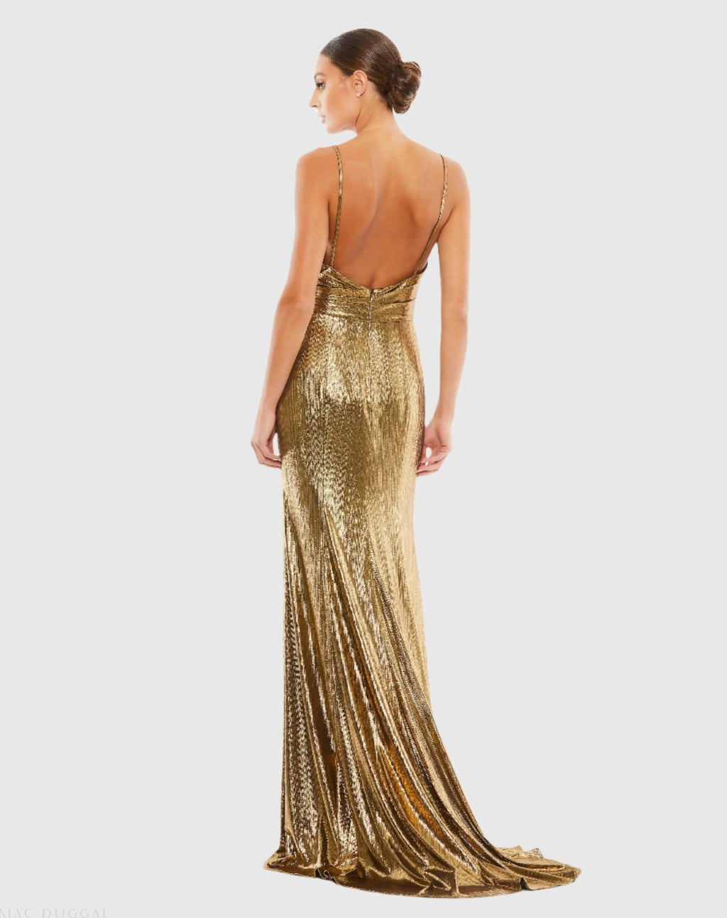 Gold Metallic Faux Wrap Spaghetti Strap Gown
