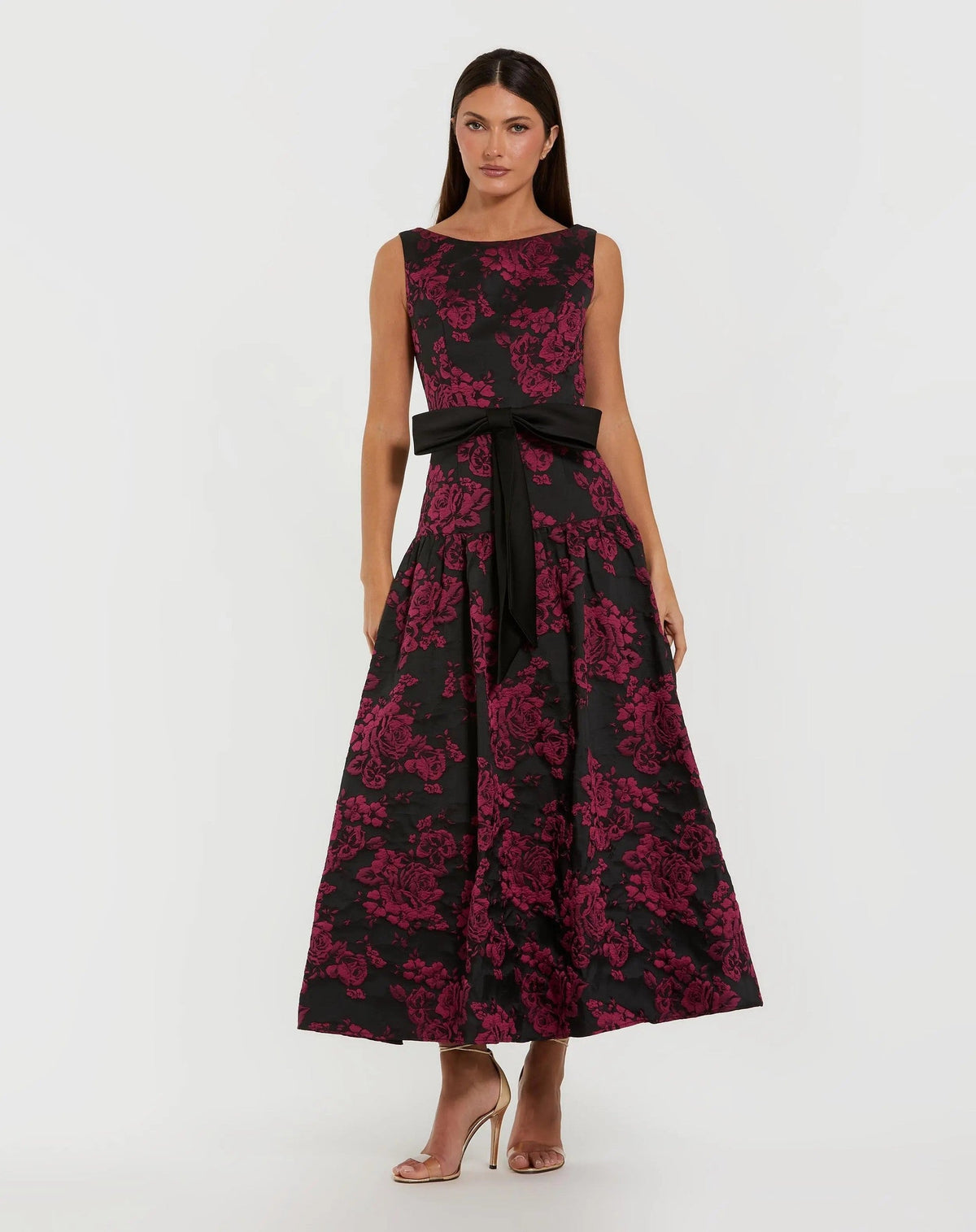 Black Brocade Drop Waist Midi Dress With Satin Bow
