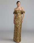 Bronze Multi Off The Shoulder Rosette Column Gown