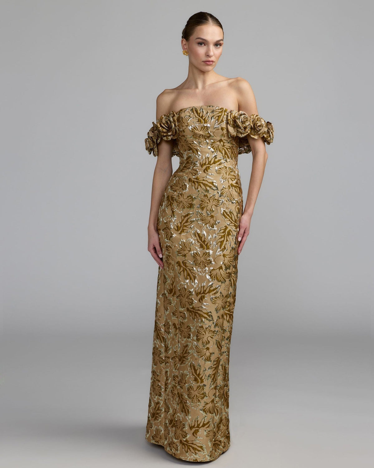 Bronze Multi Off The Shoulder Rosette Column Gown