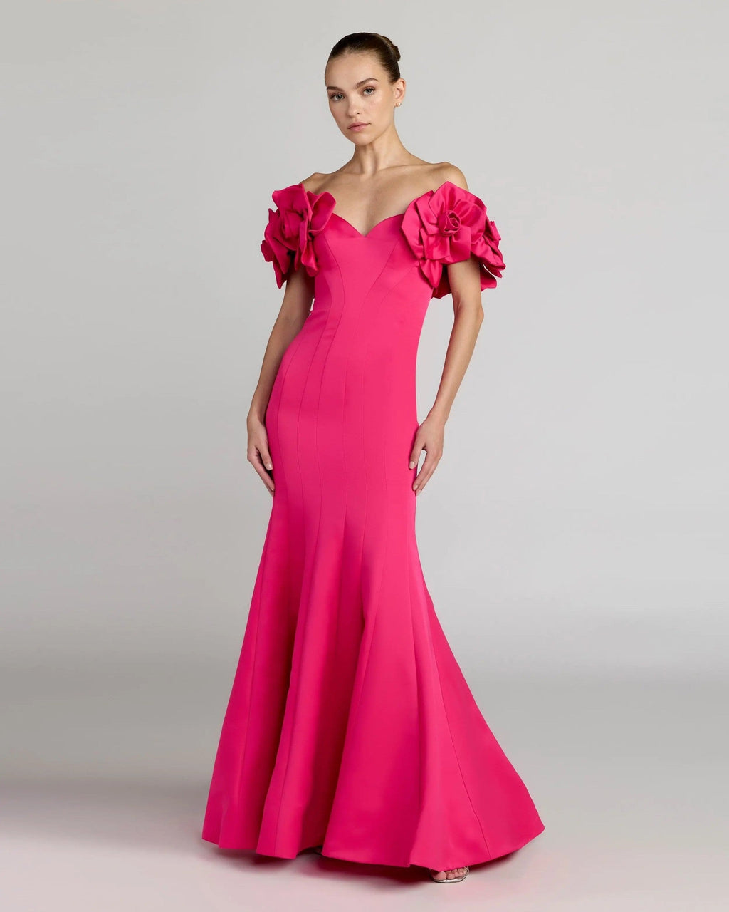 Hot Pink Off The Shoulder Gown With 3D Floral Sleeves
