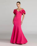 Hot Pink Off The Shoulder Gown With 3D Floral Sleeves