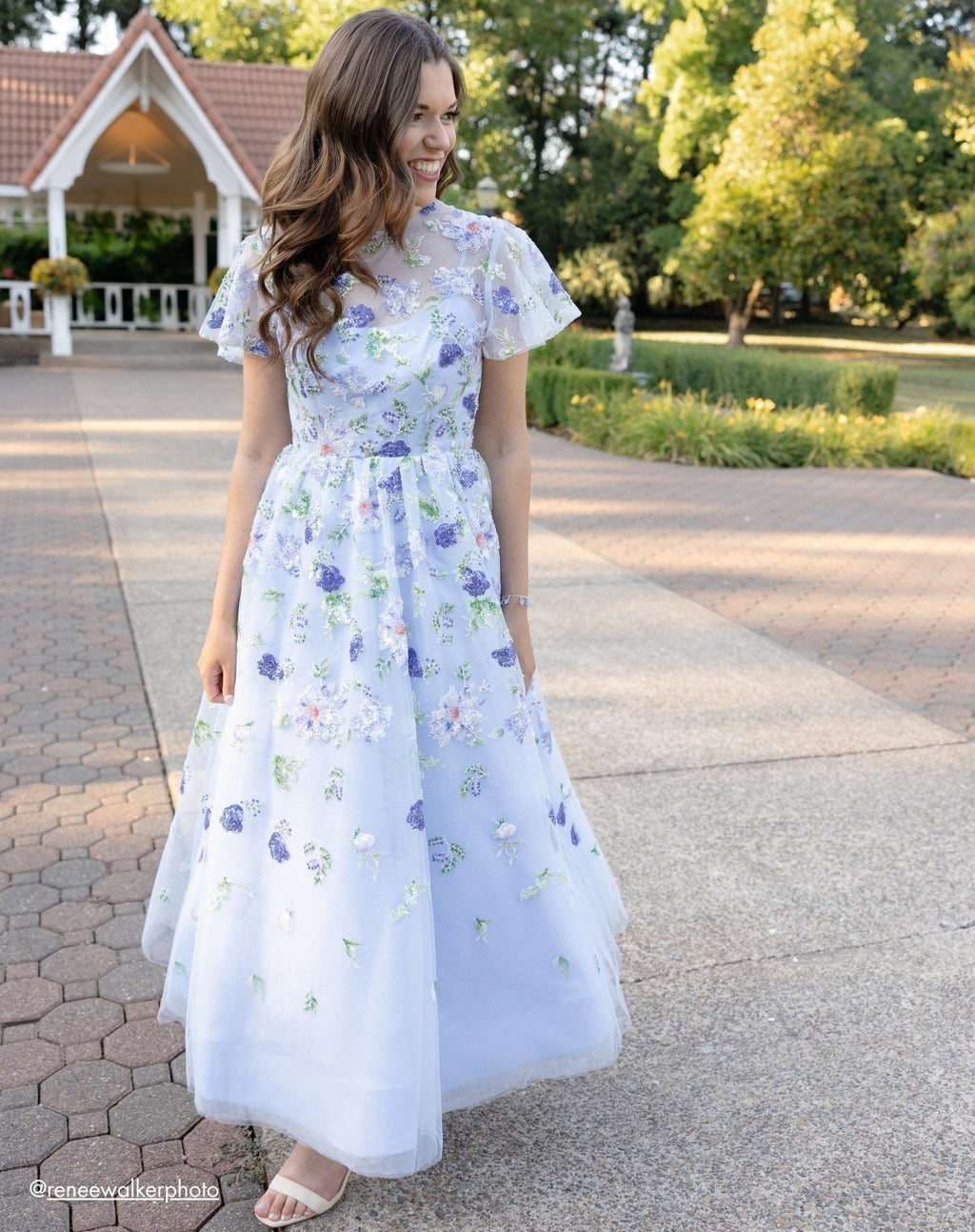Blue Flutter Sleeve Embroidered A-Line Midi Dress