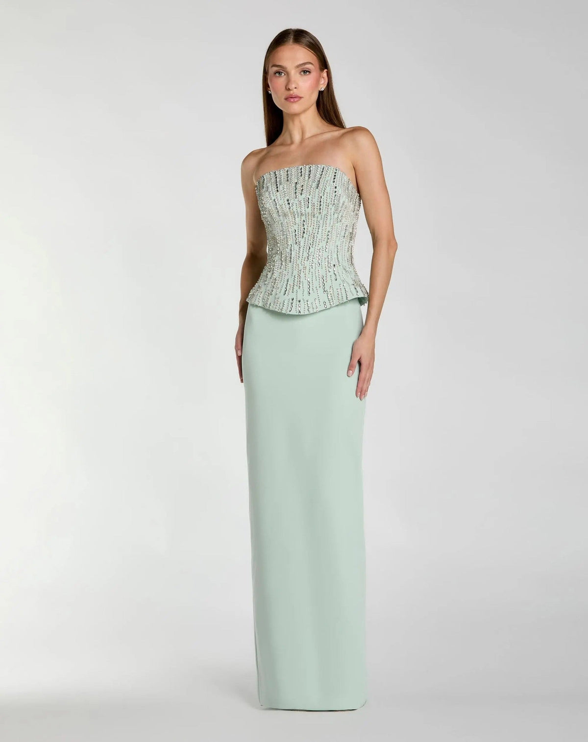 Mint Embellished Crepe Strapless Column Gown