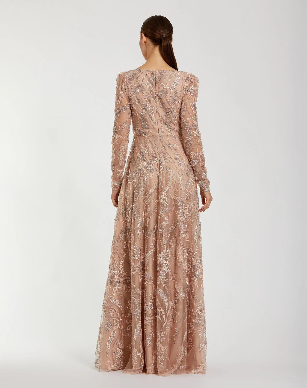 Beige Embroidered Long Sleeve V-Neck Gown