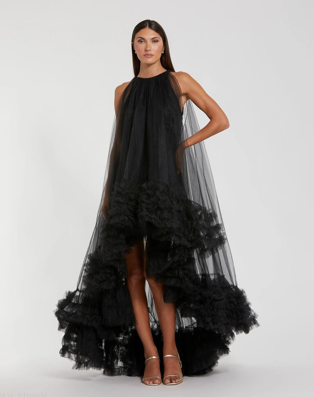 Tulle High Neck Sleeveless Ruffled Hem Hi-Low Gown