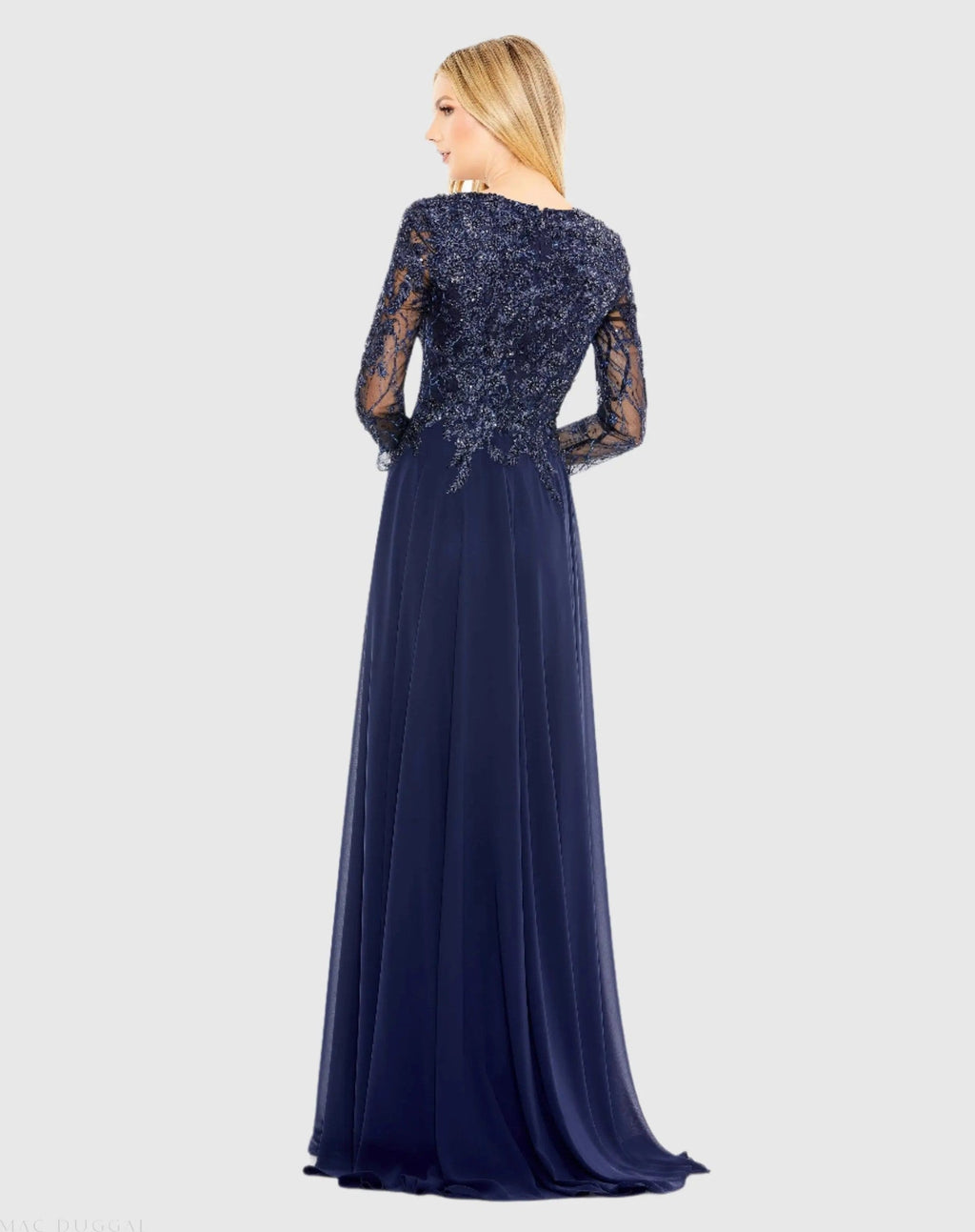 Navy Embellished Illusion V Neck Long Sleeve Gown
