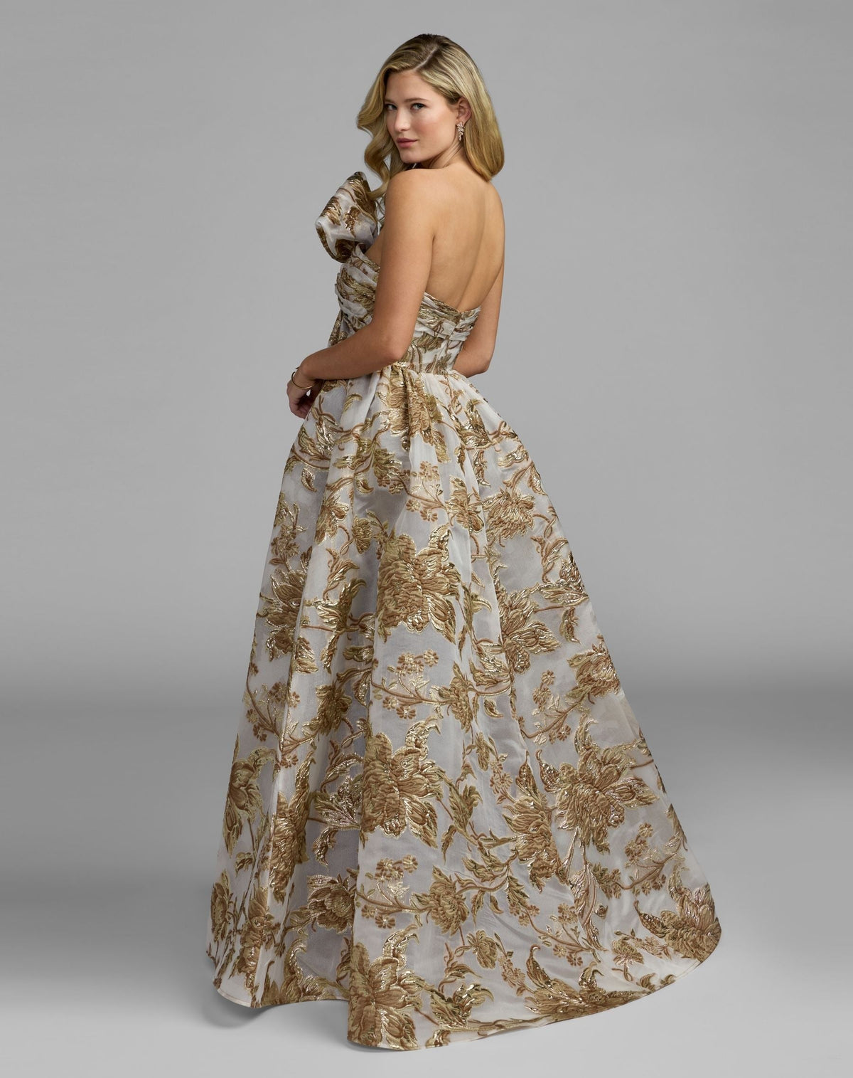 Bronze Floral Strapless Brocade Ball Gown With Bow