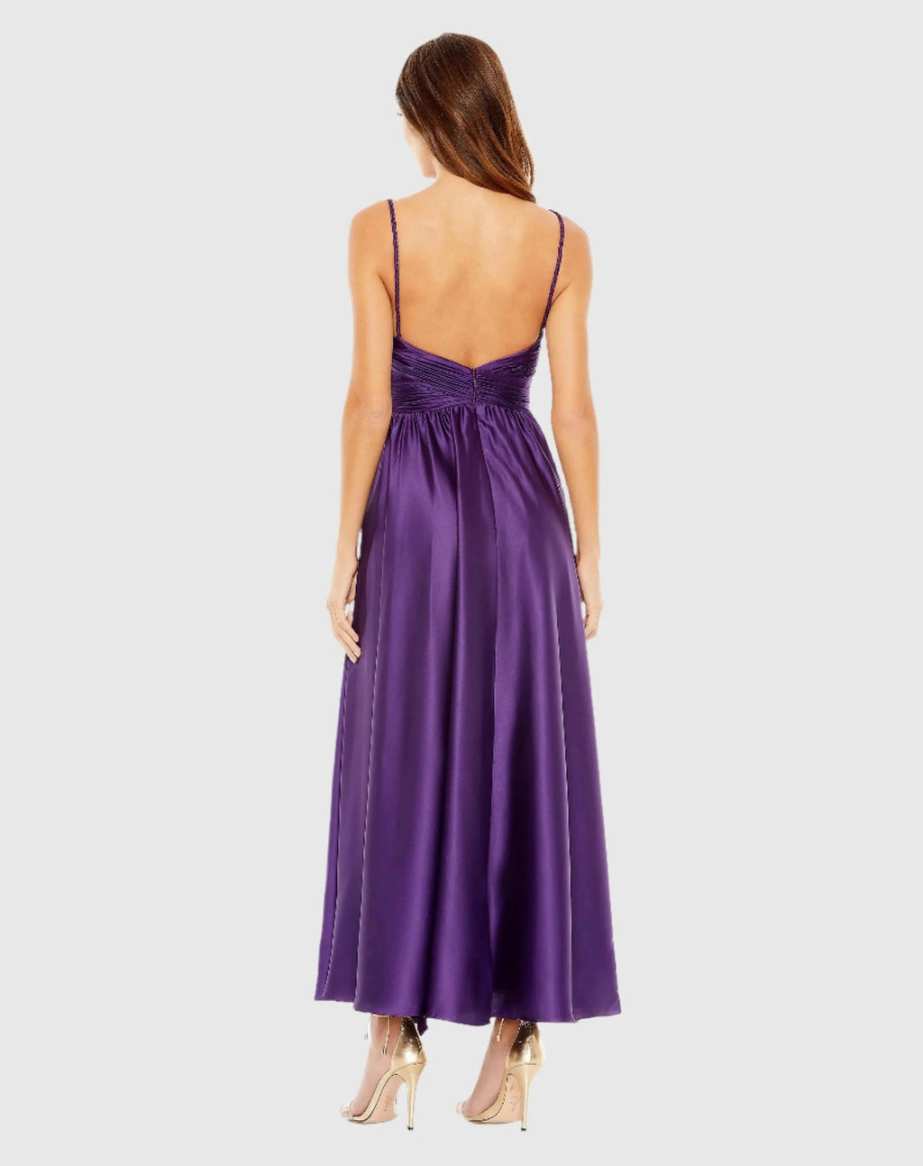 Purple Ruched Top Satin Pleated Tea Length Dress