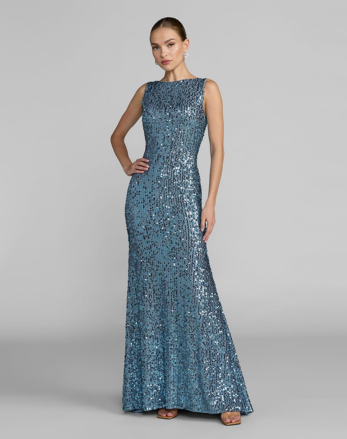 Fusion Blue Sleeveless Cowl Back Sequin Evening Gown