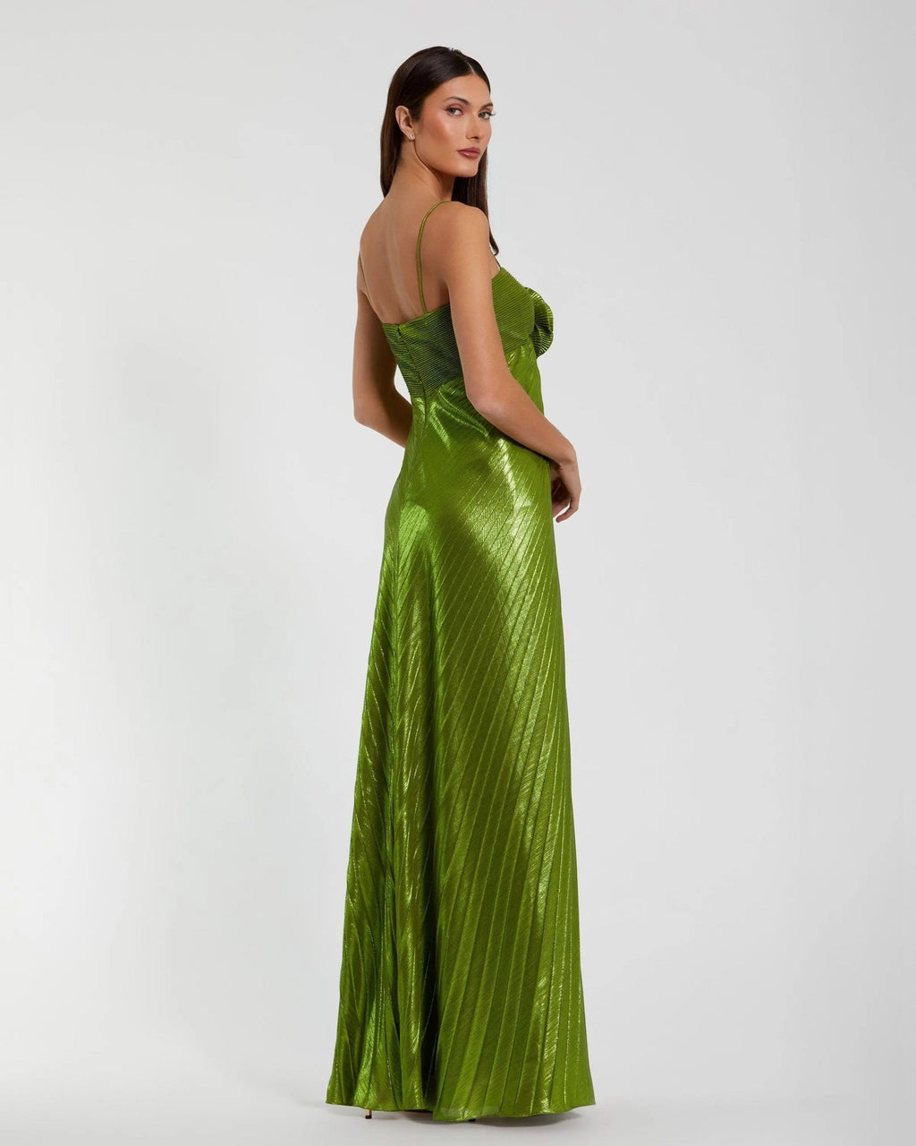 Apple Green Metallic Pleated Gown With 3D Flower