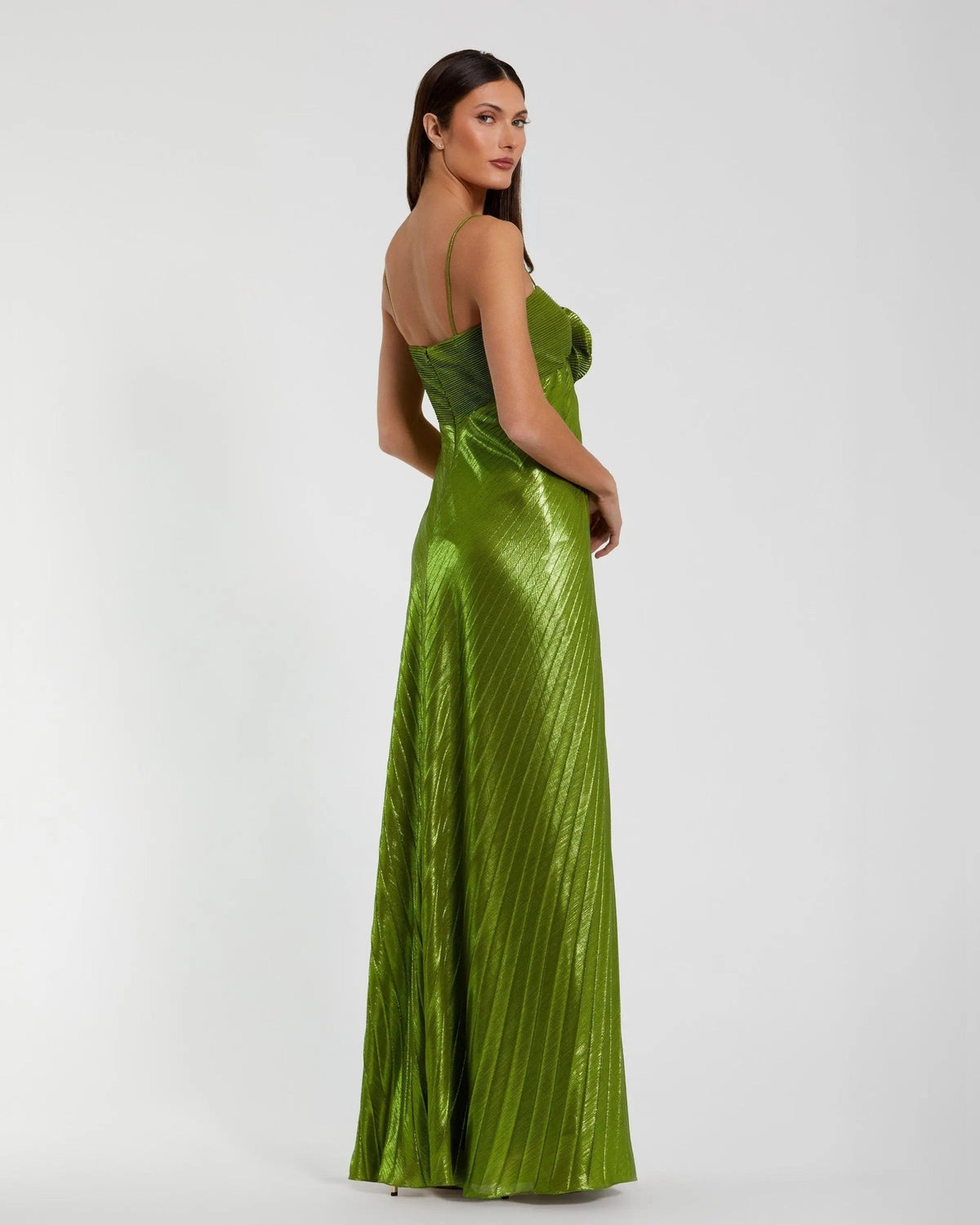 Apple Green Metallic Pleated Gown With 3D Flower