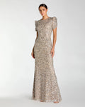 Nude Silver Gathered Short Sleeve Embellished Gown