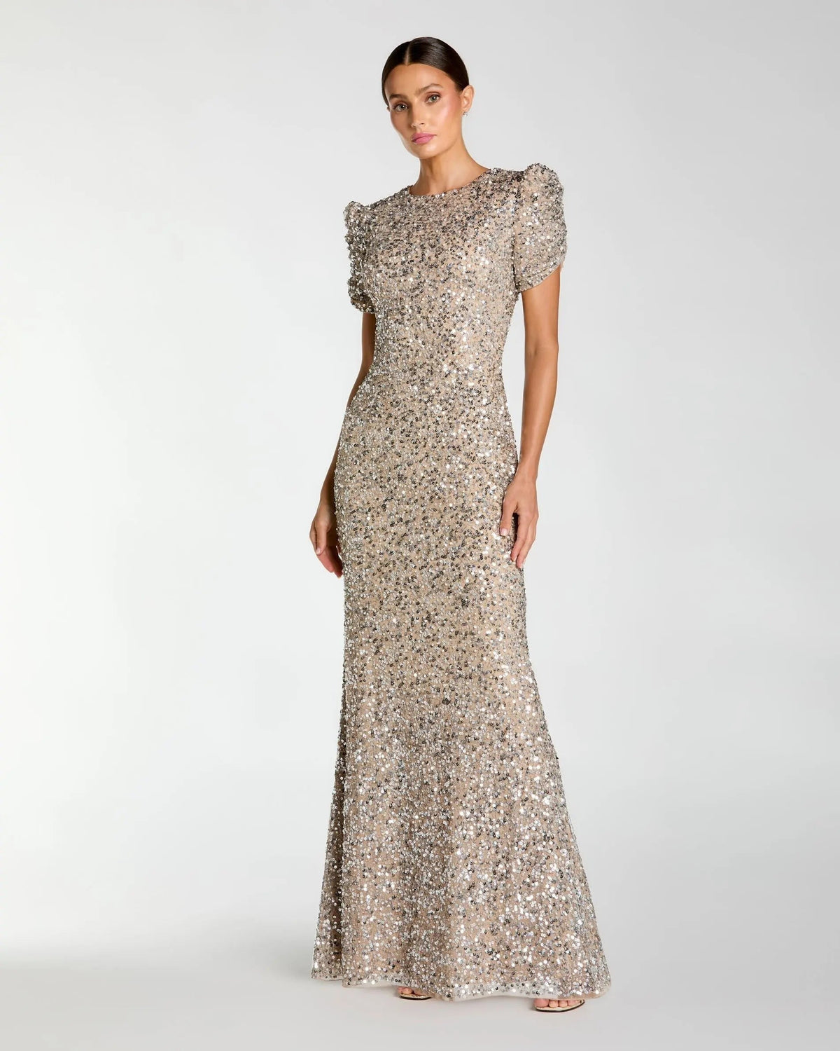 Nude Silver Gathered Short Sleeve Embellished Gown