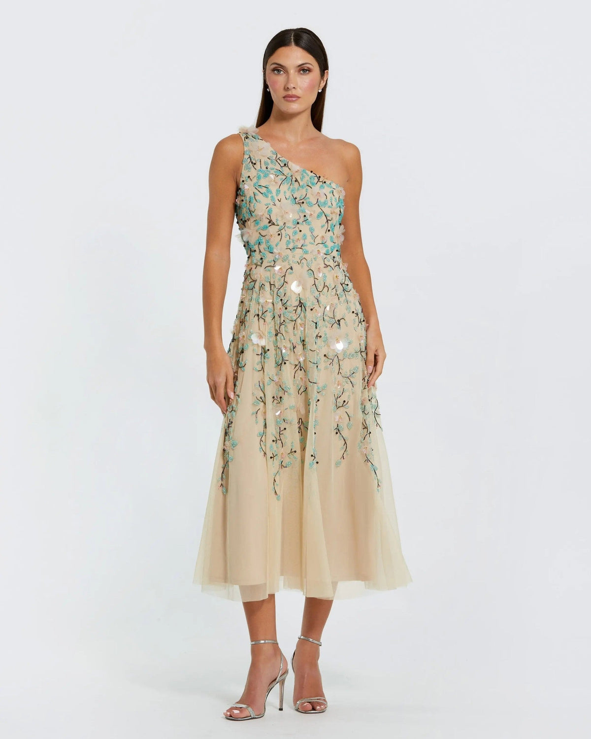 Nude Multi Floral Embellished One Shoulder Midi Dress