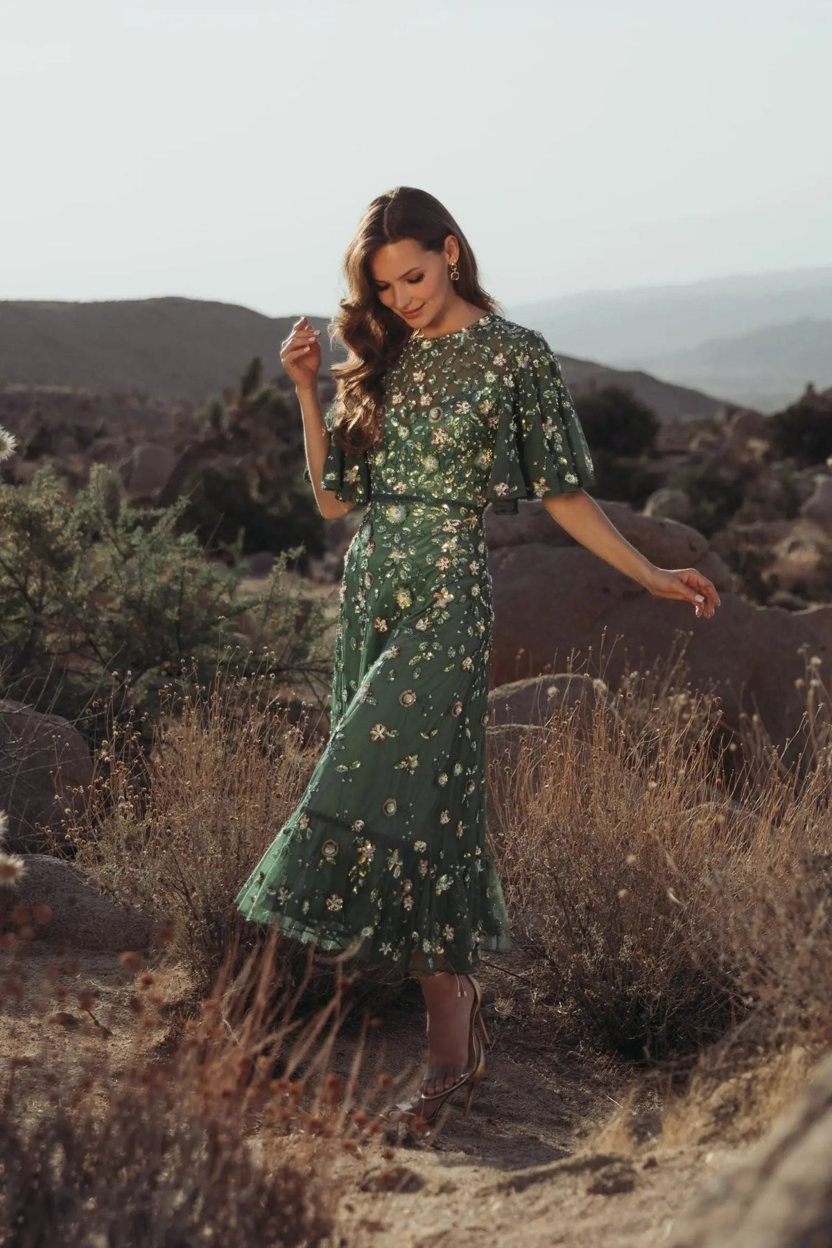 Sage Floral Embellished Flutter Sleeve Midi Dress