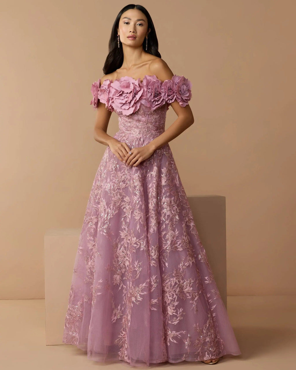 Mauve Off The Shoulder 3D Floral Embroidered A-Line Gown