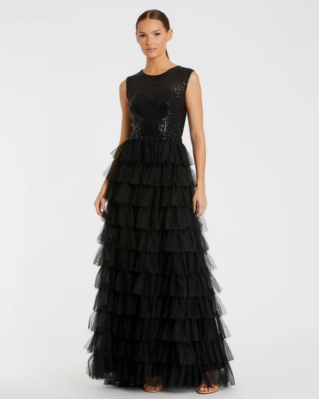 Black Ruffle Tiered High Neck Sequined Gown