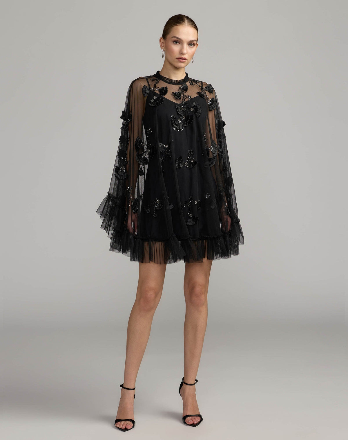Embellished Long Sleeve Trapeze Dress with Ruffle Hem