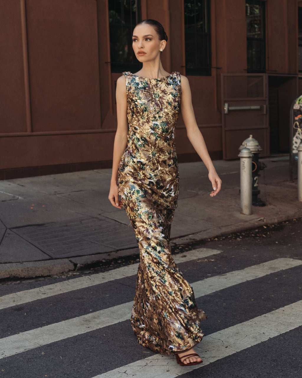 Chocolate Multi Floral Sequin Cowl Back Trumpet Gown