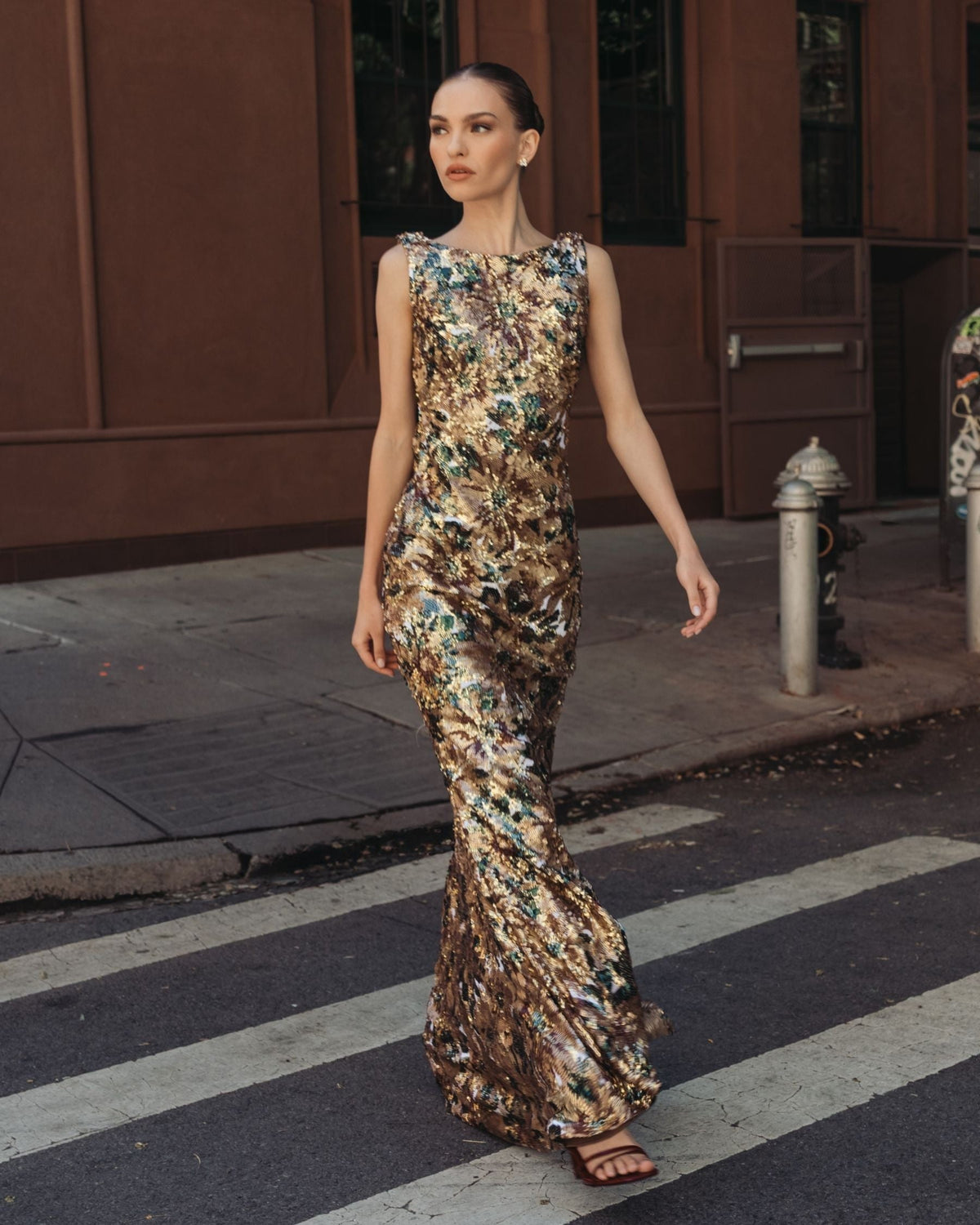 Chocolate Multi Floral Sequin Cowl Back Trumpet Gown