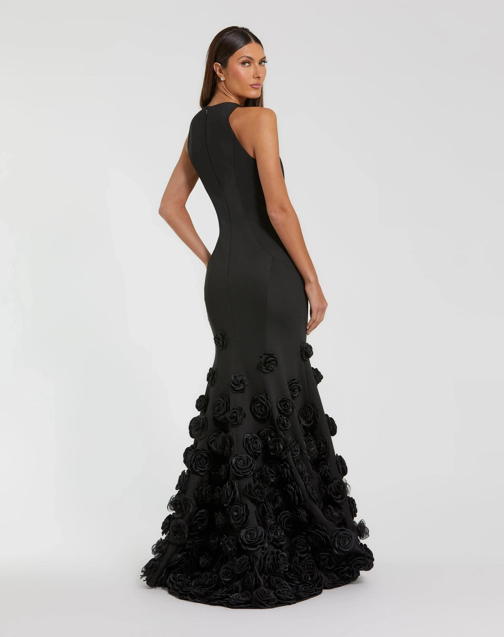 Black Sleeveless Mermaid Gown With 3D Floral Hem