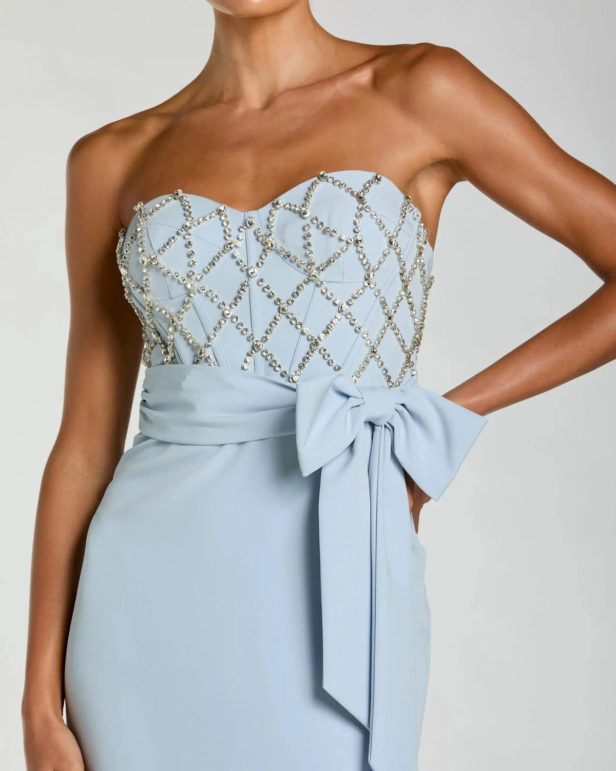 Powder Blue Strapless Embellished Crepe Gown With Bow