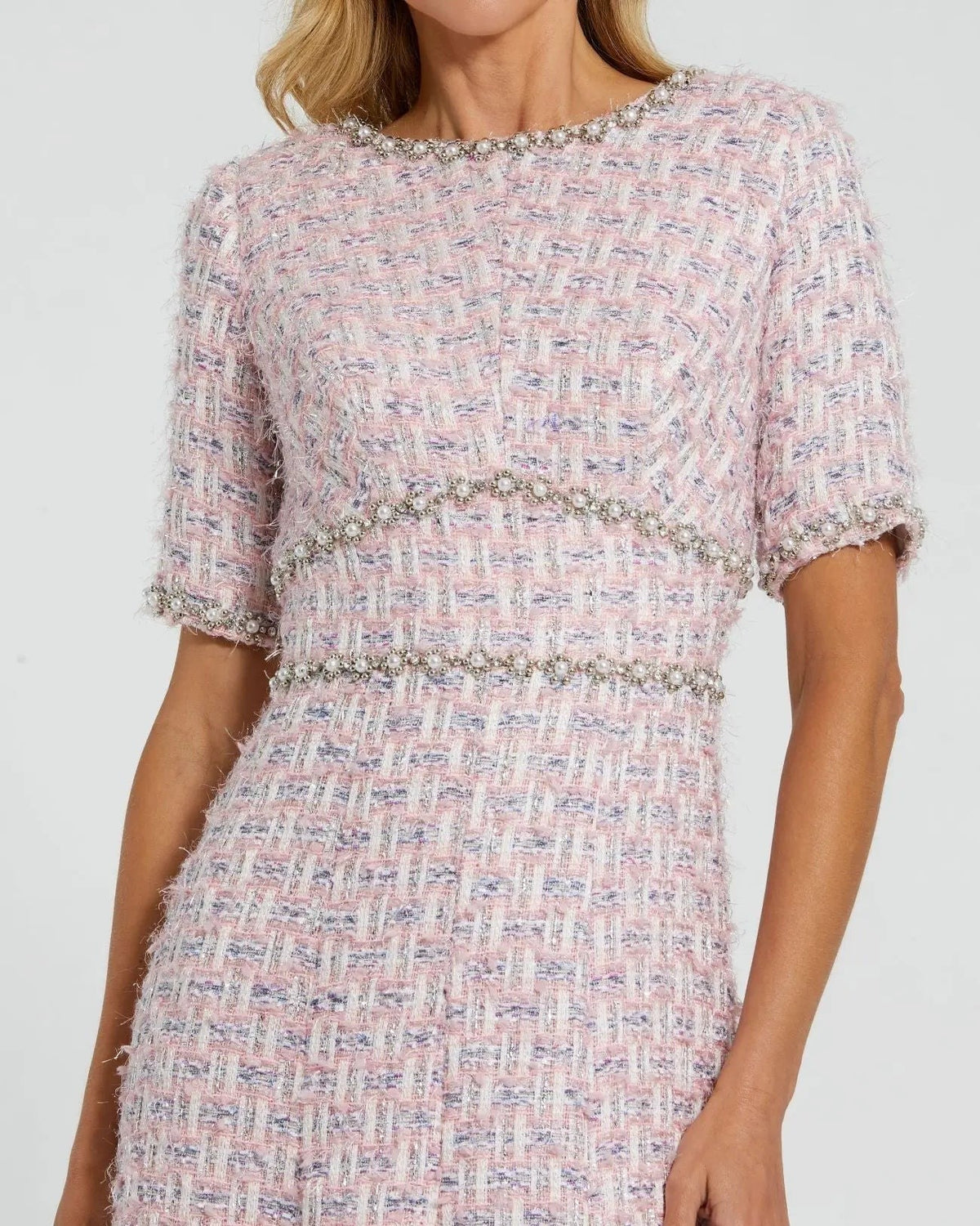 Pink Multi Short Sleeve Beaded Trim Boucle Midi Dress