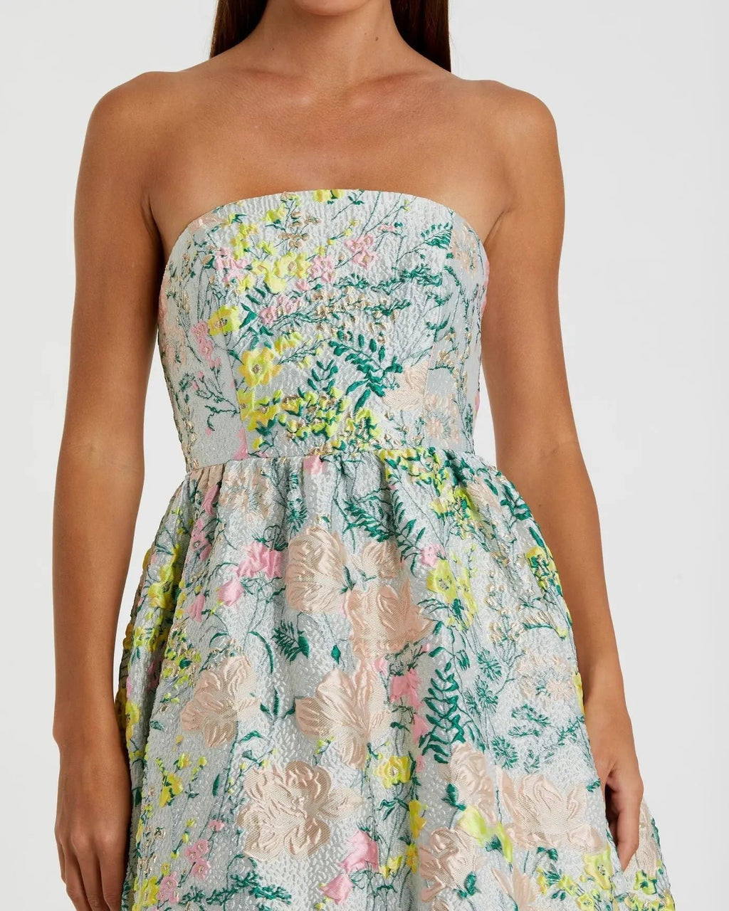 Pastel Multi Strapless Floral Brocade A-Line Gown
