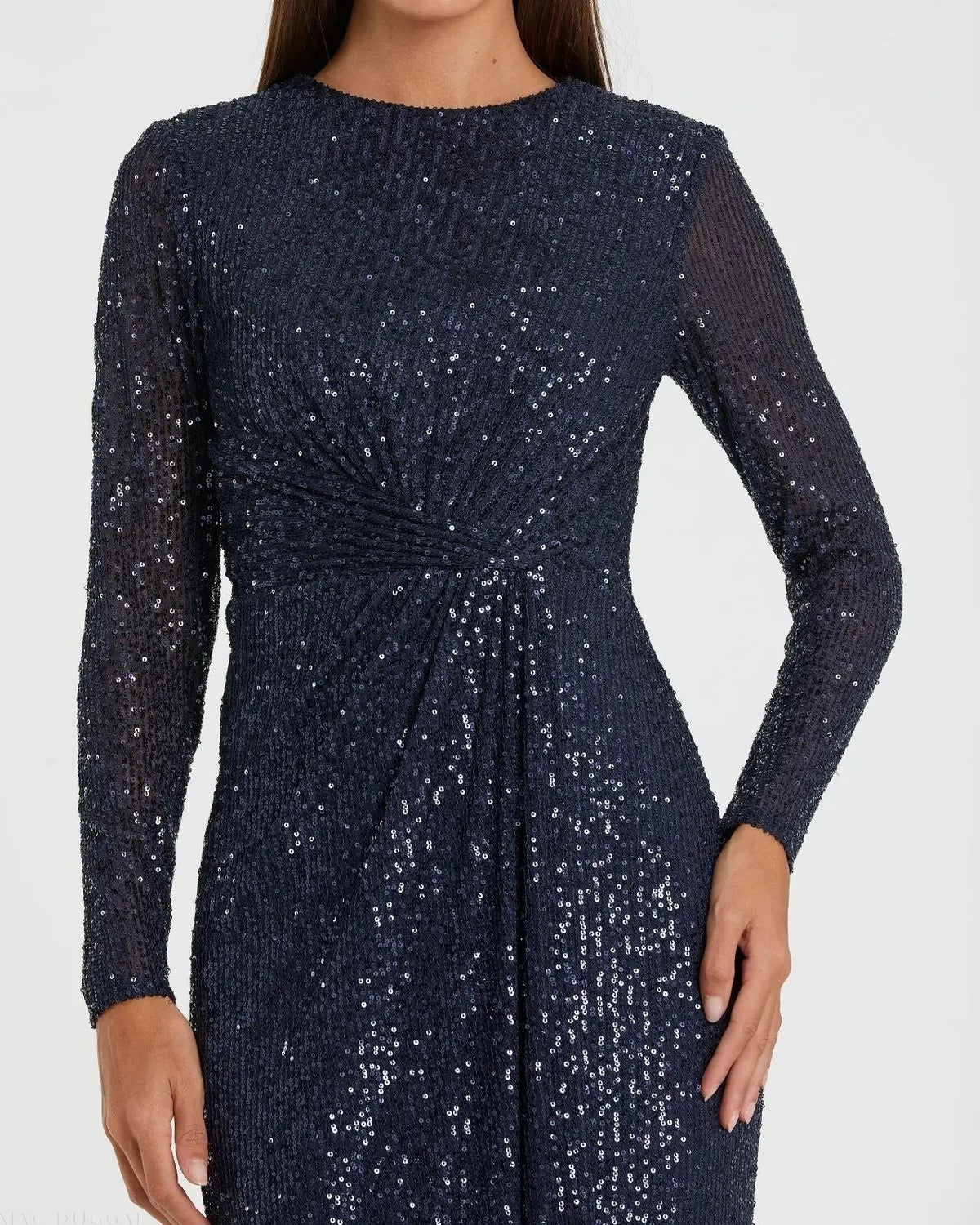 Navy Sequined Long Sleeve Side Knot Gown