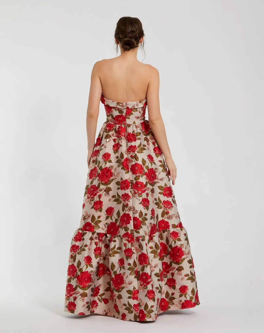 Multicolor Brocade Strapless Floral Gown With Ruffle Hem