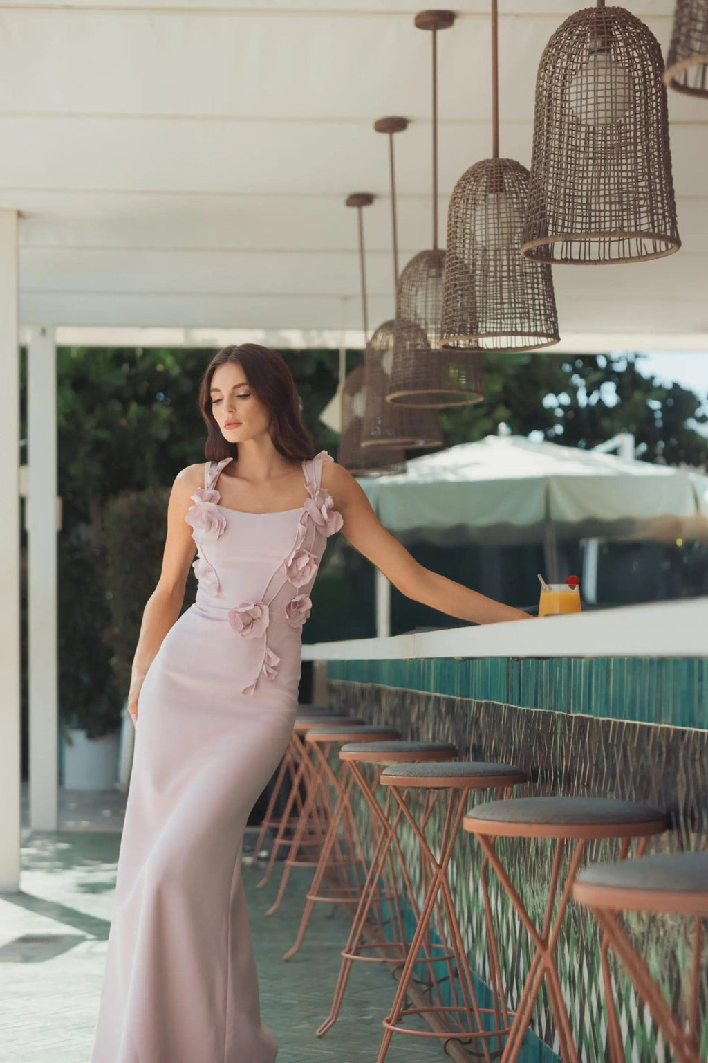 Blush Sleeveless Crepe Column Gown With Floral Detail