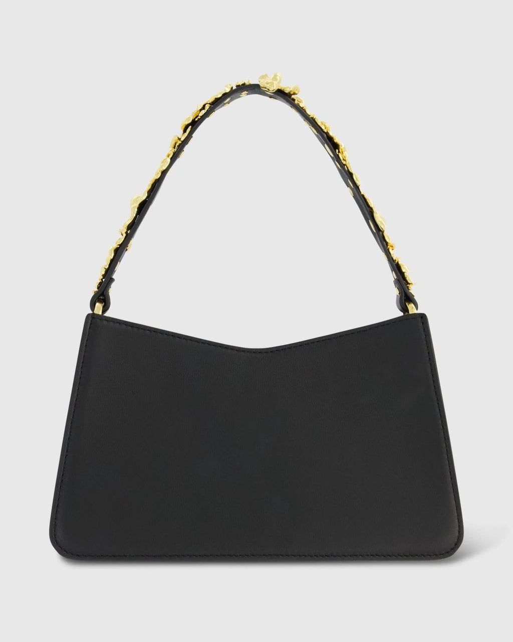 Black Small Leather Shoulder Bag with Gold Floral Strap