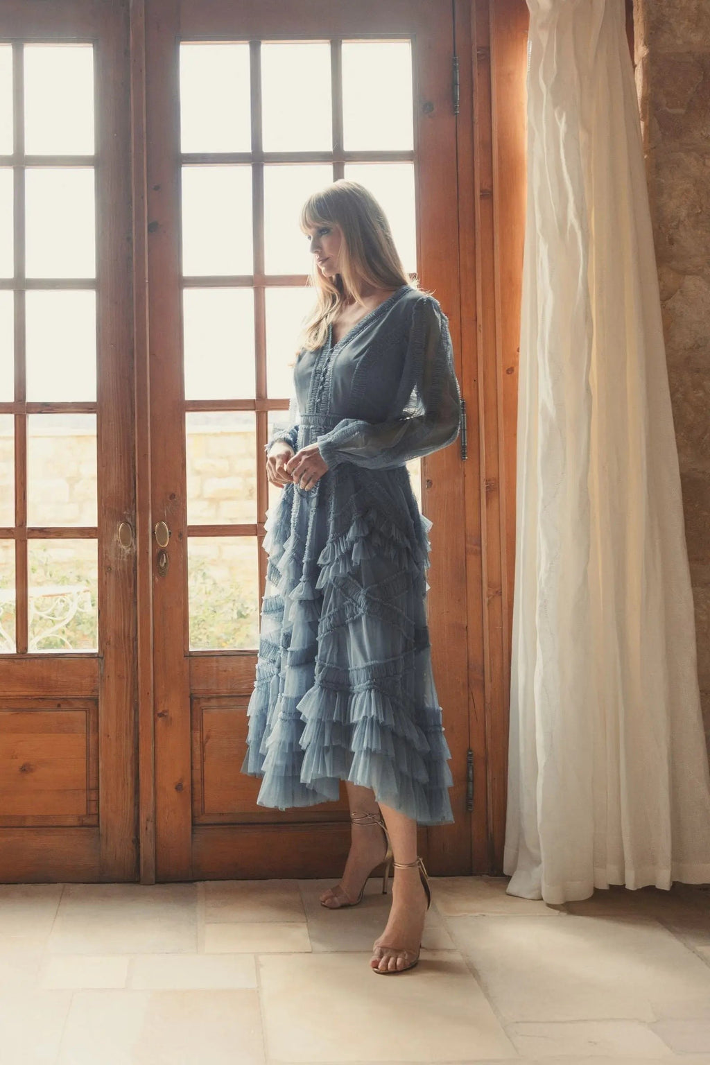 Slate Blue Long Sleeve V-Neck Micro Ruffle Midi Dress