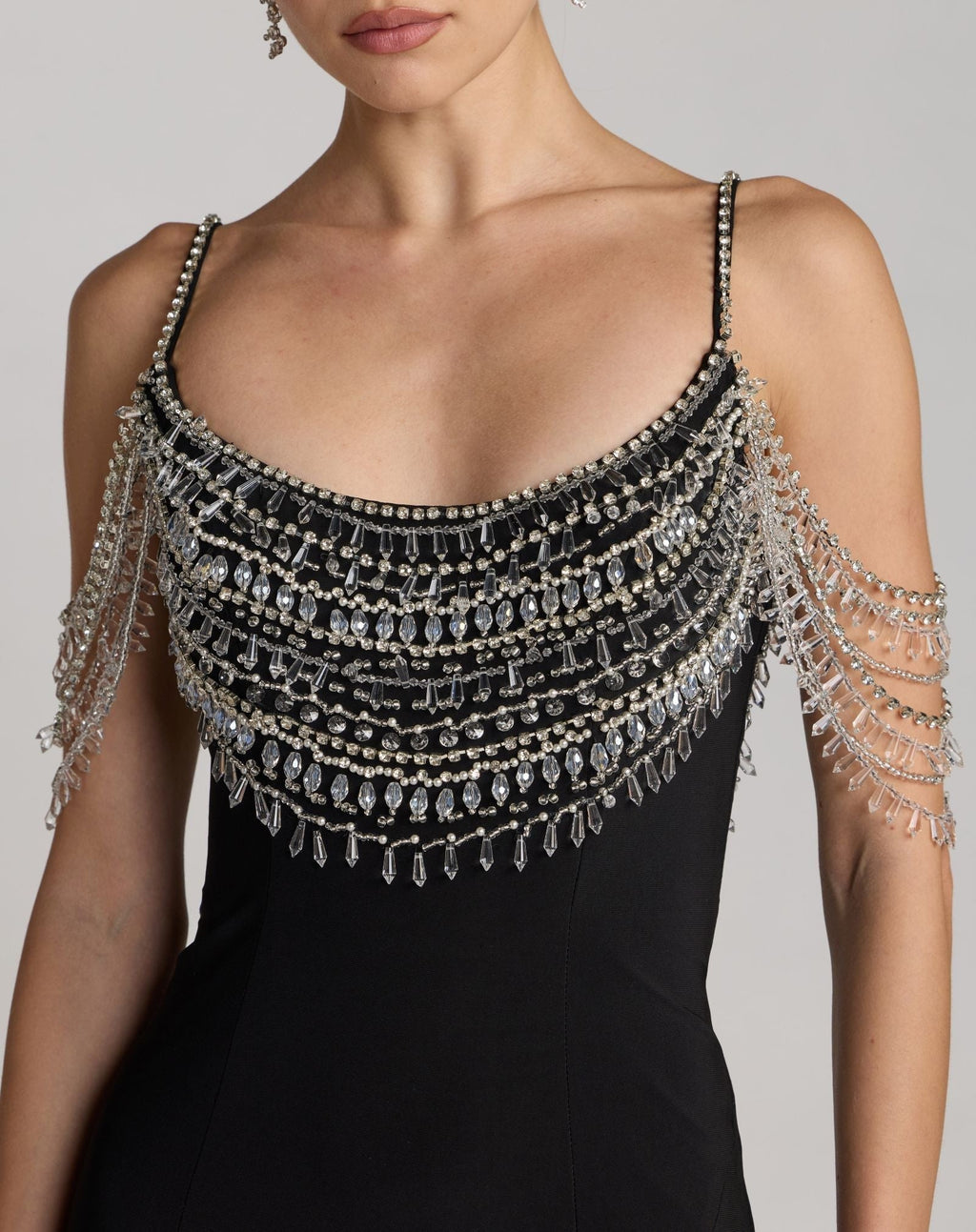 Black Beaded Jersey Scoop Back Gown with Slit