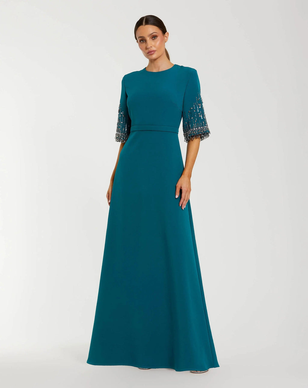 Crepe A Line Gown With Beaded 3/4 Sleeves