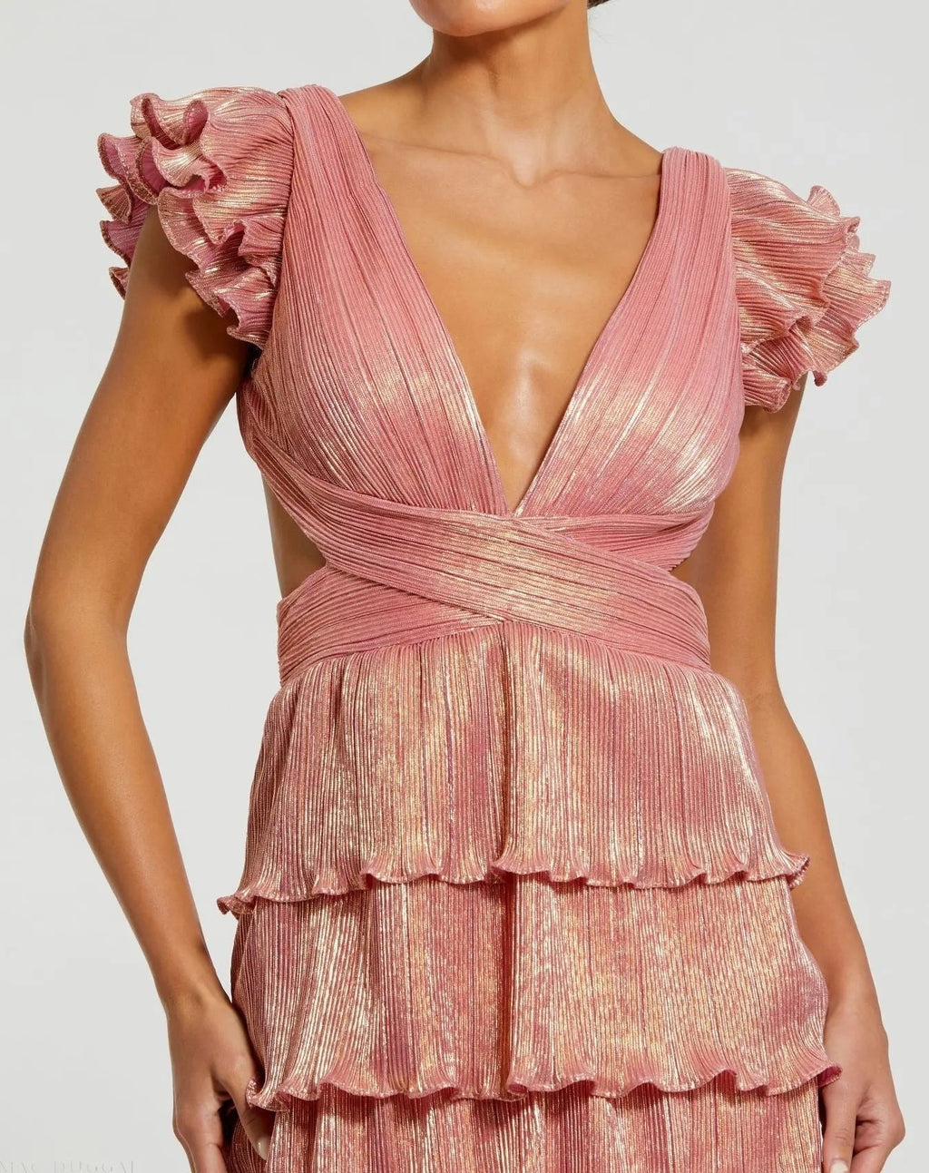 Coral Ruffle Tiered Criss Cross Lace Up Gown