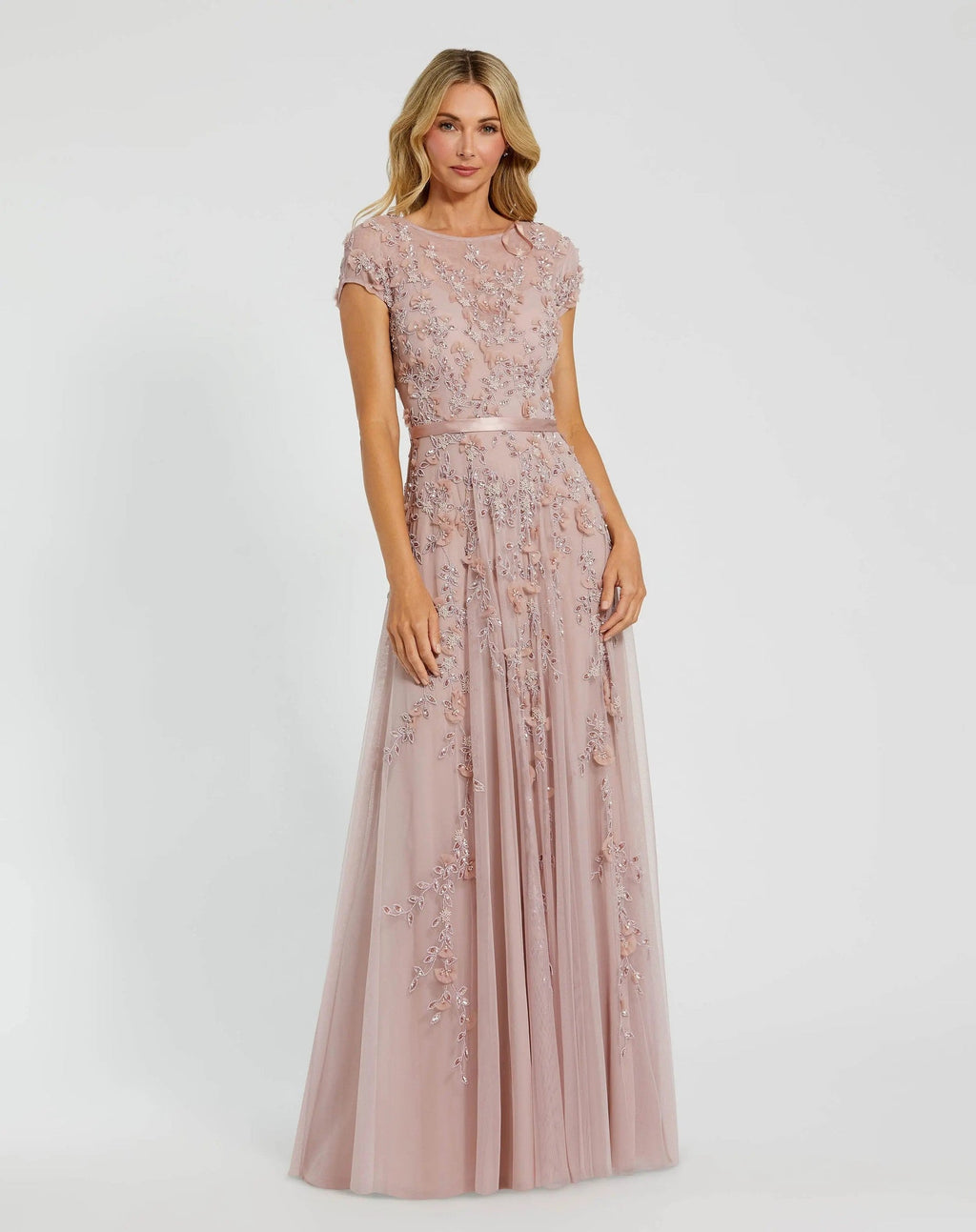 Petite Mocha Floral Embellished Cap Sleeve Gown