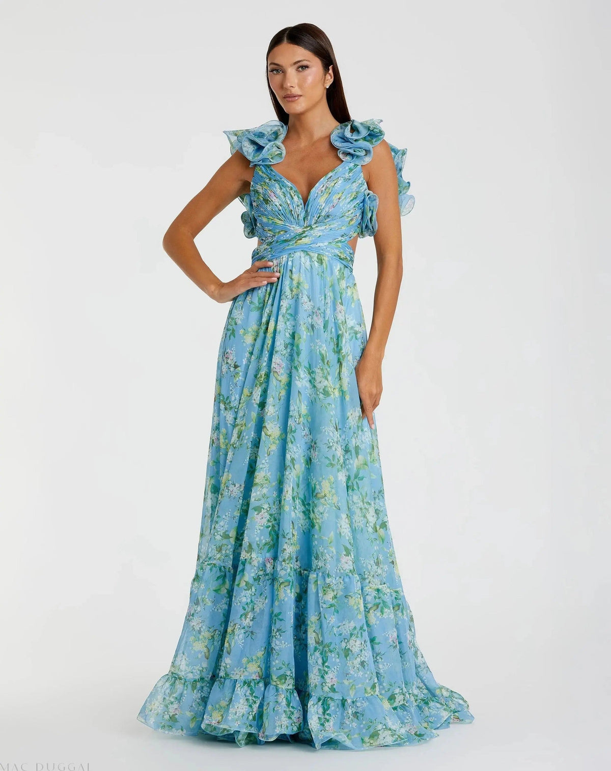 Ruffle Tiered Floral Cut-Out Chiffon Gown