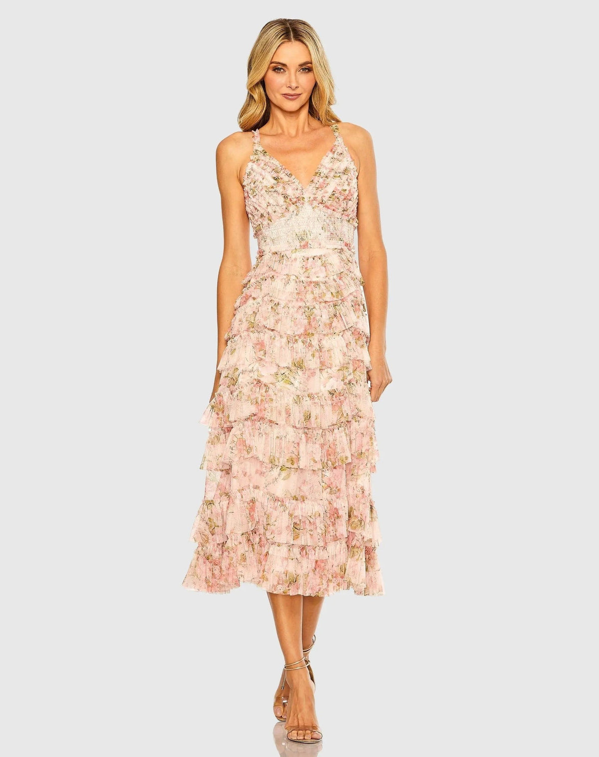 Pink Sleeveless V Neck Floral Mesh Ruffle Midi Dress
