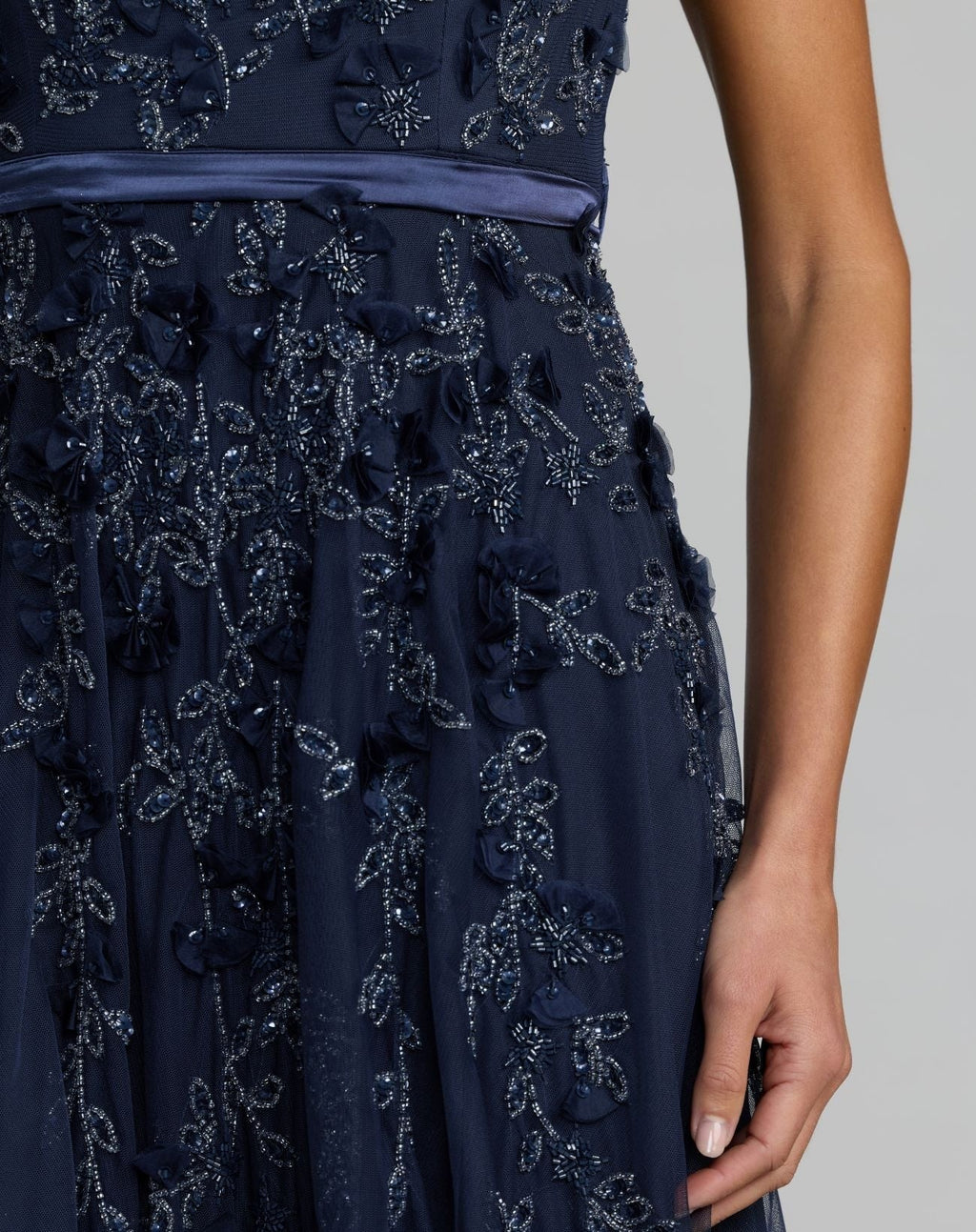 Midnight Floral Embellished Cap Sleeve Gown