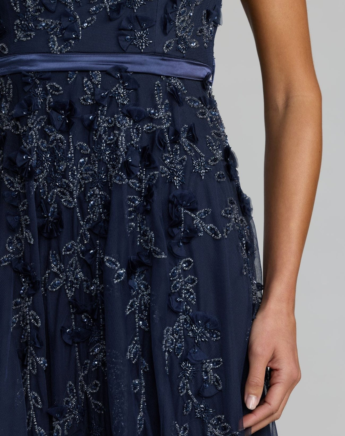 Midnight Floral Embellished Cap Sleeve Gown